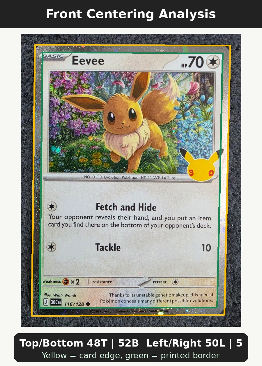 Eevee 116/128 30th Celebration front centering analysis showing Top/Bottom 48T | 52B and Left/Right 50L | 50R.