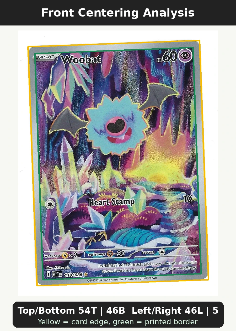 Woobat 119/86 White Flare front centering analysis showing Top/Bottom 54T | 46B and Left/Right 46L | 54R.