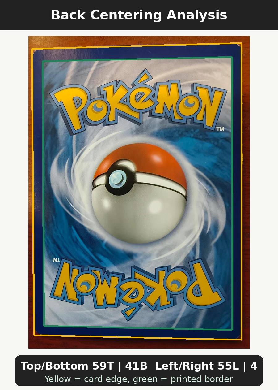 Psyduck 002/12 McDonald's Collection 2018 back centering analysis showing Top/Bottom 59T | 41B and Left/Right 55L | 45R.