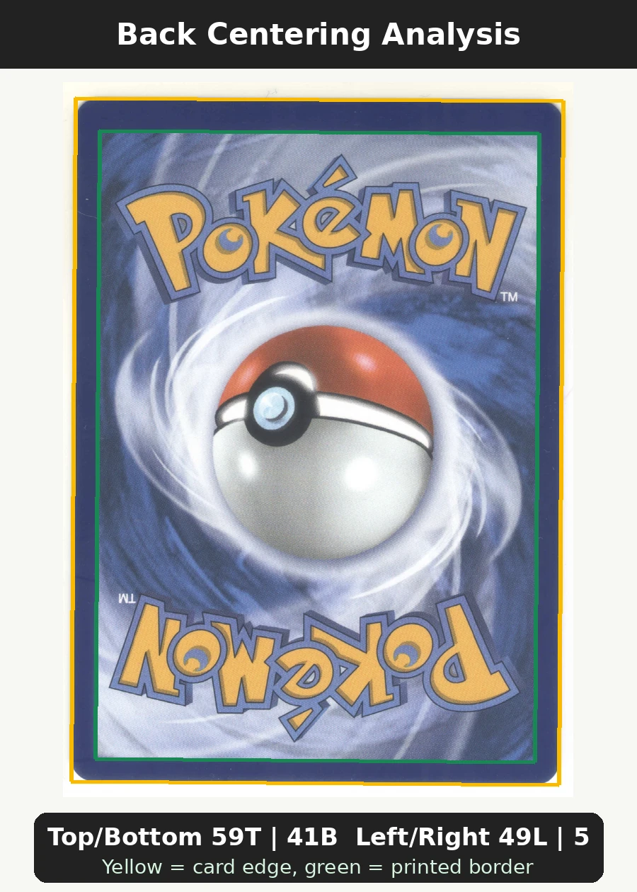 Charizard 004 30th Classic Collection back centering analysis showing Top/Bottom 59T | 41B and Left/Right 49L | 51R.