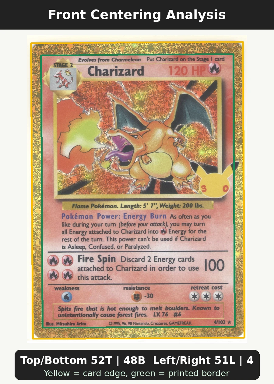 Charizard 004 30th Classic Collection front centering analysis showing Top/Bottom 52T | 48B and Left/Right 51L | 49R.