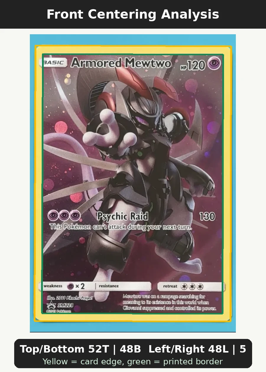 Armored Mewtwo SM228/248 SM Black Star Promos front centering analysis showing Top/Bottom 52T | 48B and Left/Right 48L | 52R.