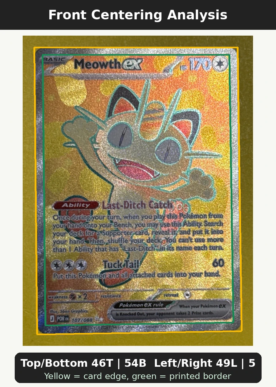 Meowth ex 107/88 Perfect Order front centering analysis showing Top/Bottom 46T | 54B and Left/Right 49L | 51R.