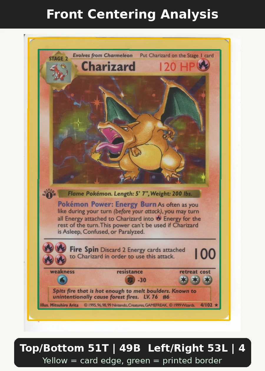 Charizard 004/102 Base Set front centering analysis showing Top/Bottom 51T | 49B and Left/Right 53L | 47R.