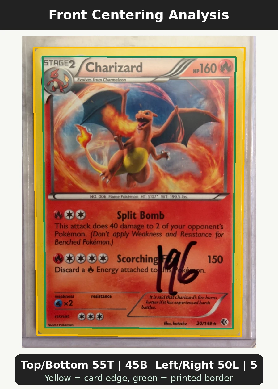 Charizard 020/149 Boundaries Crossed front centering analysis showing Top/Bottom 55T | 45B and Left/Right 50L | 50R.
