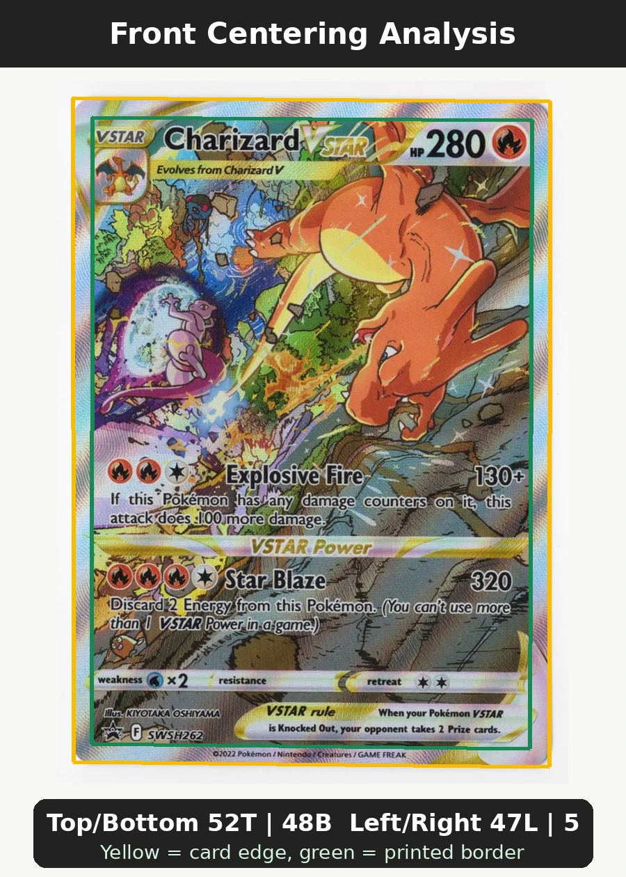 Charizard VSTAR SWSH262/307 SWSH Black Star Promos front centering analysis showing Top/Bottom 52T | 48B and Left/Right 47L | 53R.