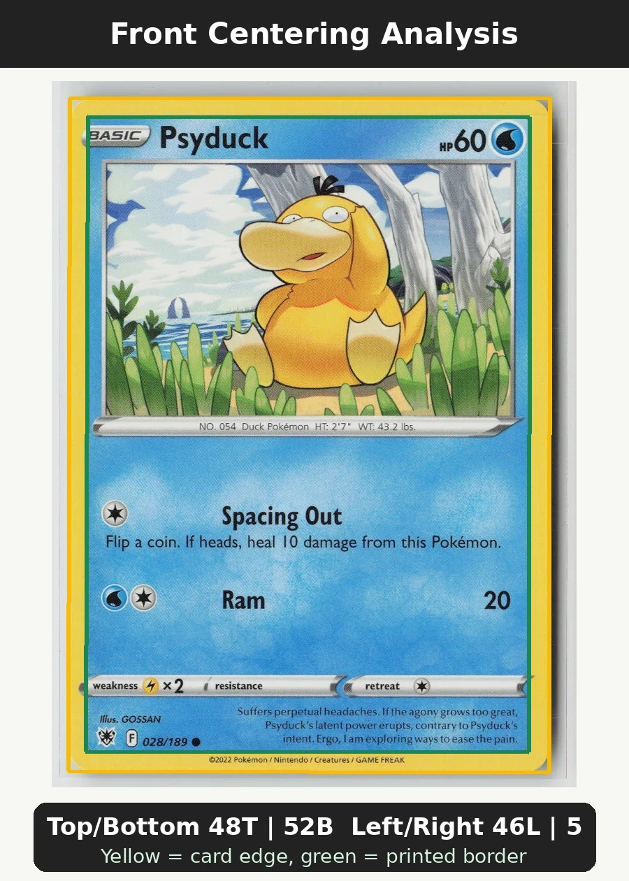 Psyduck 028/189 · Normal Astral Radiance front centering analysis showing Top/Bottom 48T | 52B and Left/Right 46L | 54R.