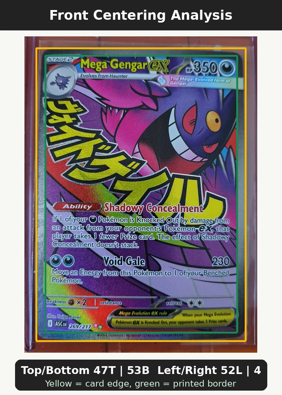 Mega Gengar ex 269/217 Ascended Heroes front centering analysis showing Top/Bottom 47T | 53B and Left/Right 52L | 48R.