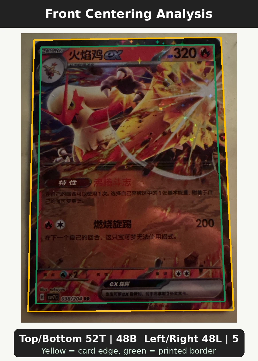 Blaziken ex 024/159 Journey Together front centering analysis showing Top/Bottom 52T | 48B and Left/Right 48L | 52R.