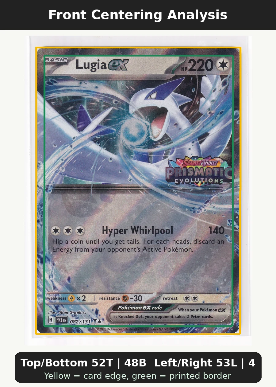 Lugia ex 082/131 Prismatic Evolutions front centering analysis showing Top/Bottom 52T | 48B and Left/Right 53L | 47R.