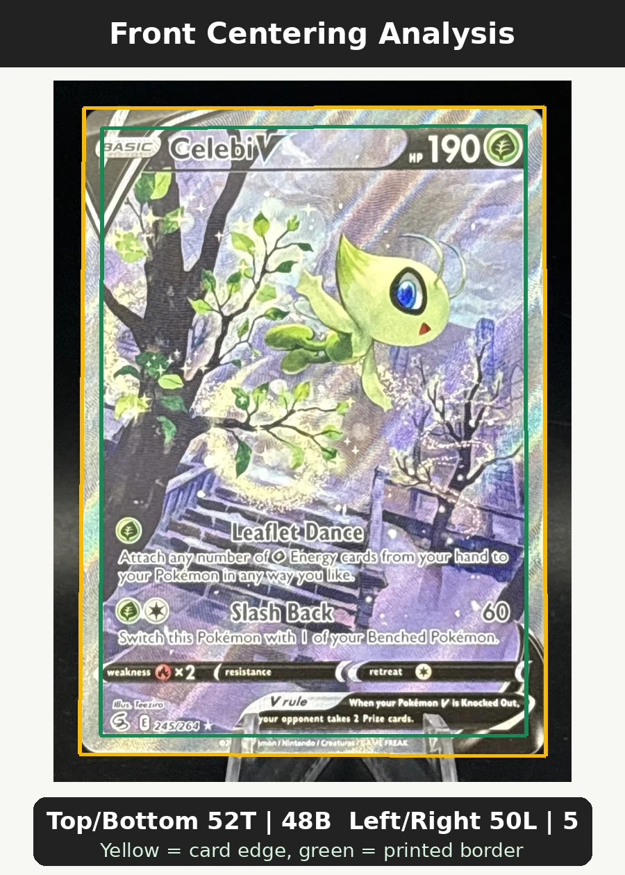 Celebi V 245/264 Fusion Strike front centering analysis showing Top/Bottom 52T | 48B and Left/Right 50L | 50R.