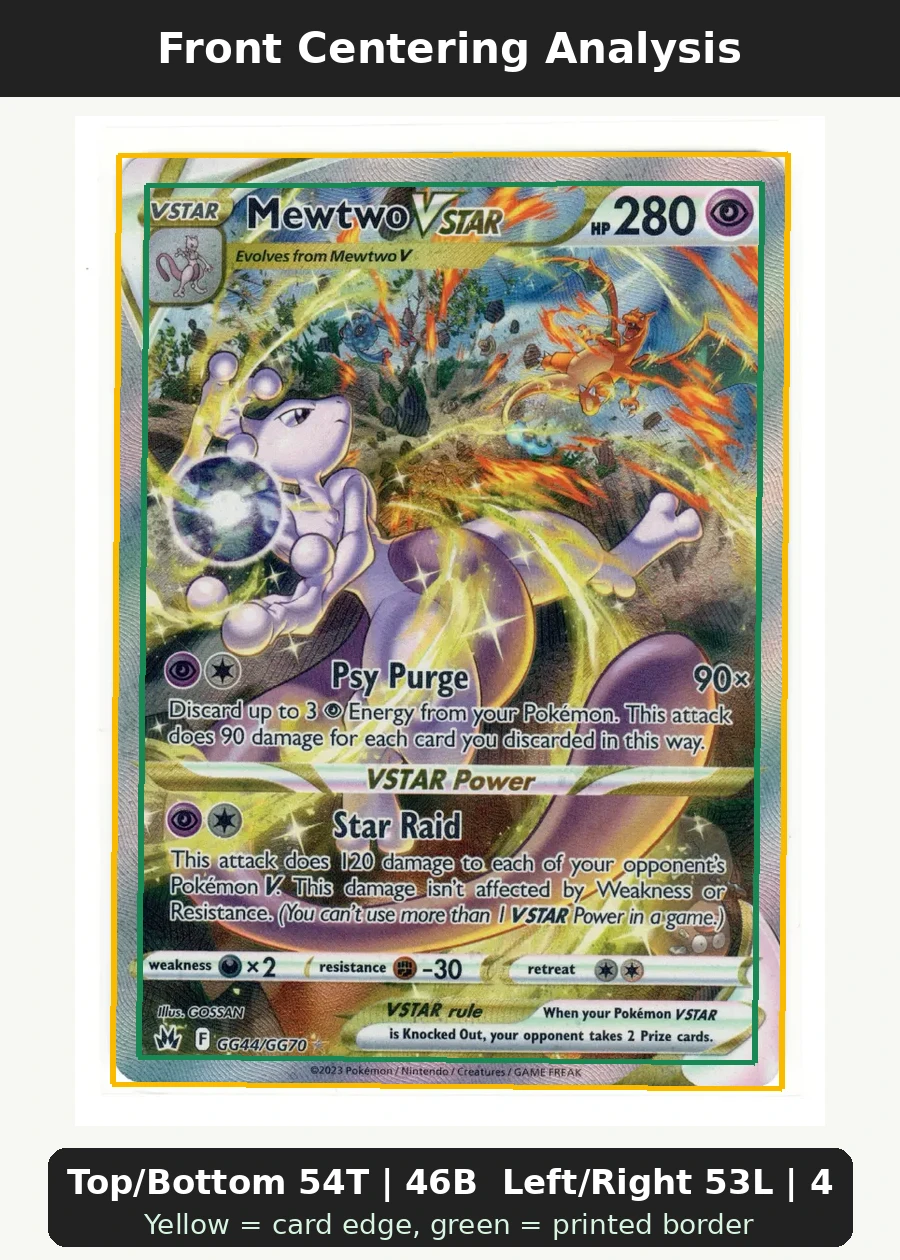 Mewtwo VSTAR GG44/159 Crown Zenith front centering analysis showing Top/Bottom 54T | 46B and Left/Right 53L | 47R.