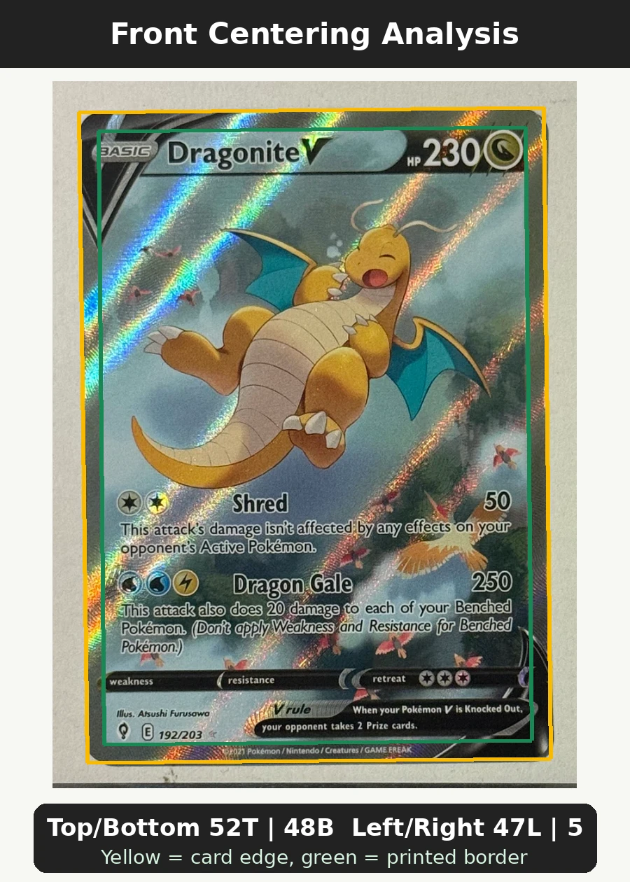 Dragonite V 192/203 Evolving Skies front centering analysis showing Top/Bottom 52T | 48B and Left/Right 47L | 53R.