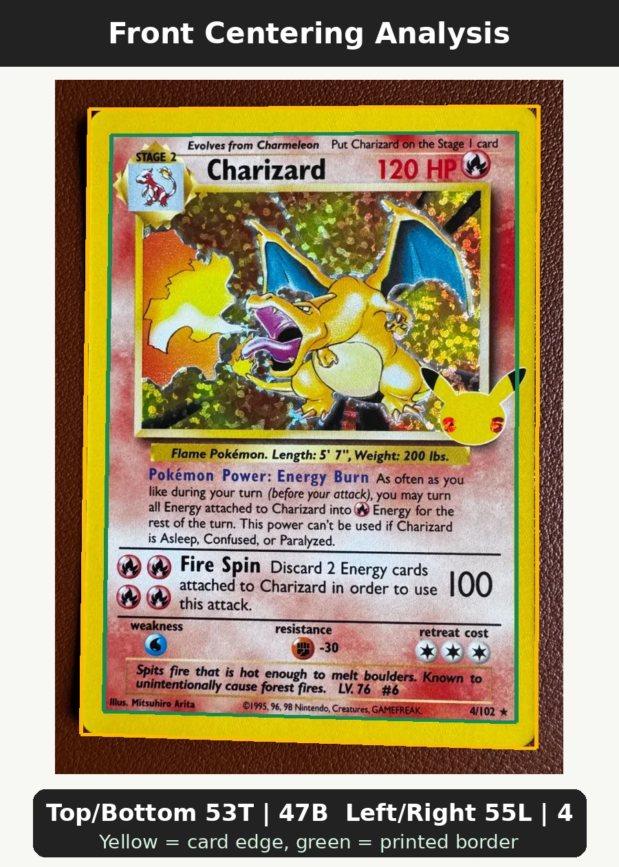 Charizard 004/102 Base Set front centering analysis showing Top/Bottom 53T | 47B and Left/Right 55L | 45R.