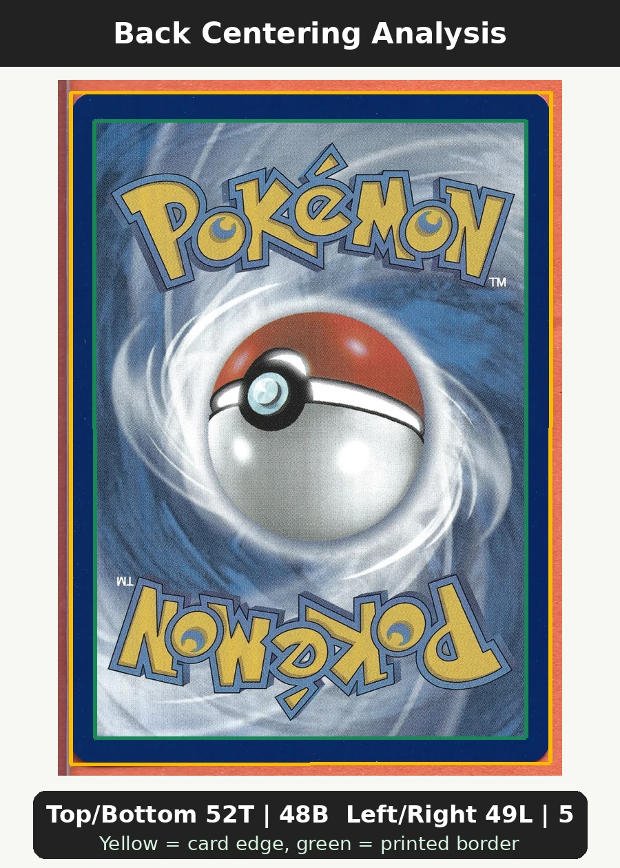 Solgaleo GX 089 30th Classic Collection back centering analysis showing Top/Bottom 52T | 48B and Left/Right 49L | 51R.