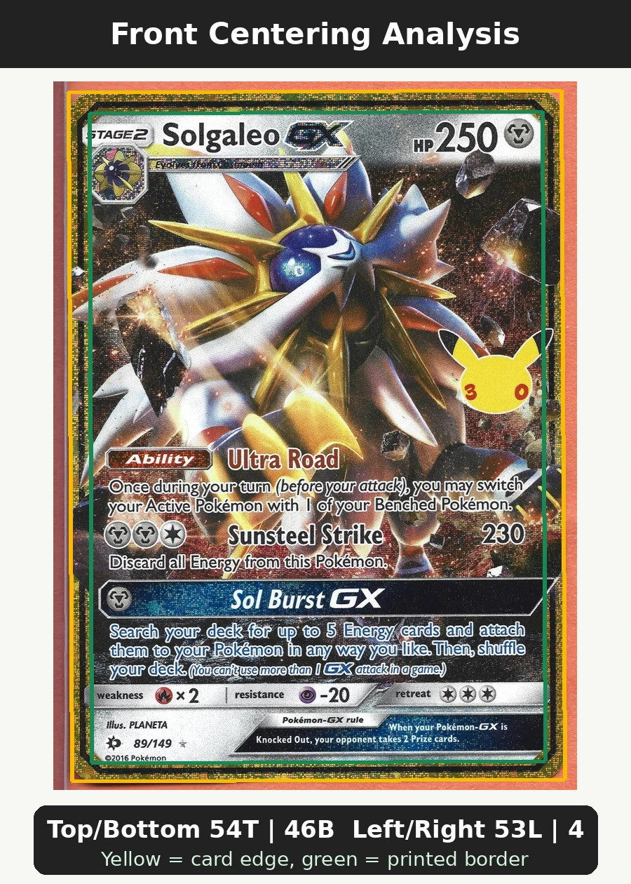 Solgaleo GX 089 30th Classic Collection front centering analysis showing Top/Bottom 54T | 46B and Left/Right 53L | 47R.