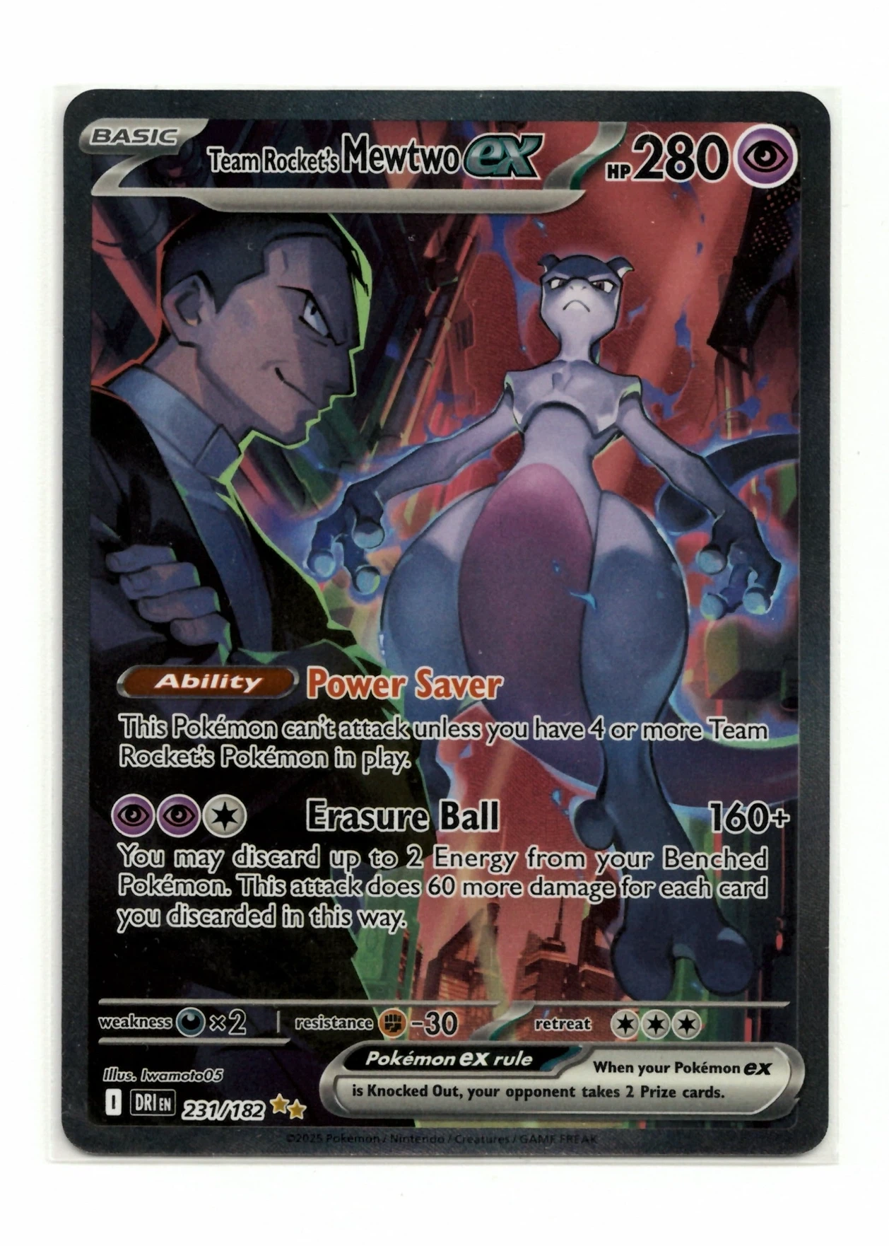 Team Rocket's Mewtwo ex 231/182 Destined Rivals front card photo in GradeValue pregrading report