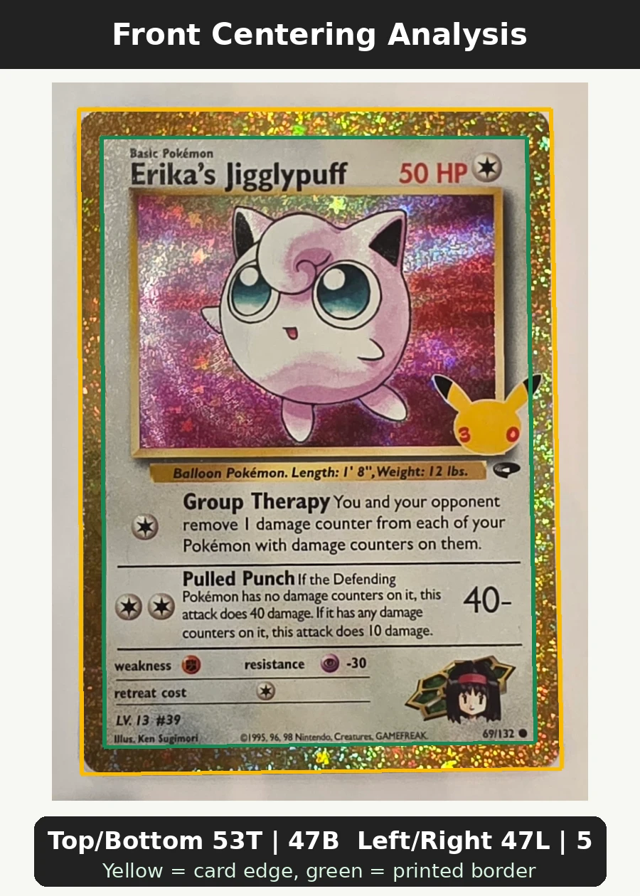 Erika's Jigglypuff 069 30th Classic Collection front centering analysis showing Top/Bottom 53T | 47B and Left/Right 47L | 53R.