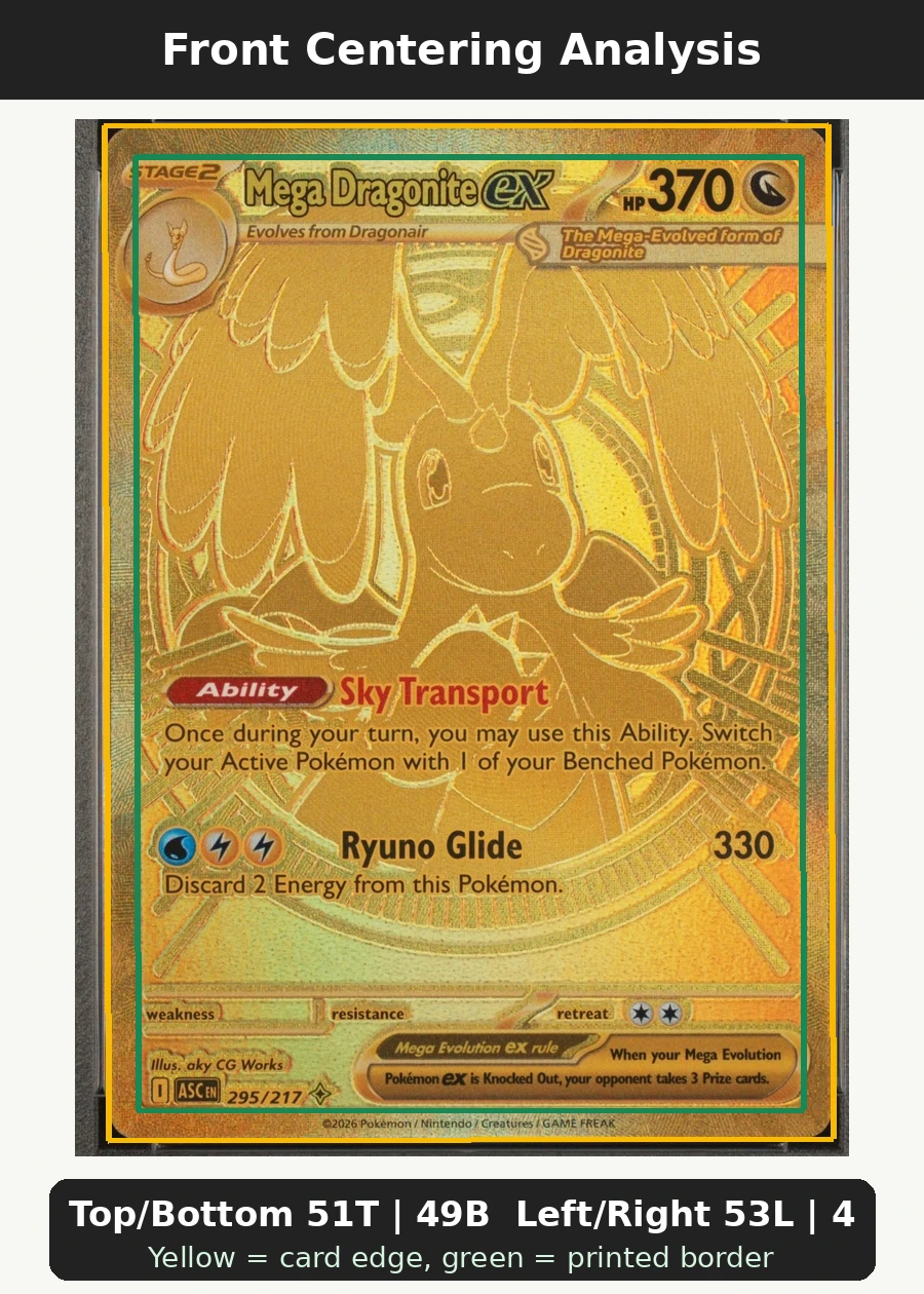 Mega Dragonite ex 295/217 Ascended Heroes front centering analysis showing Top/Bottom 51T | 49B and Left/Right 53L | 47R.