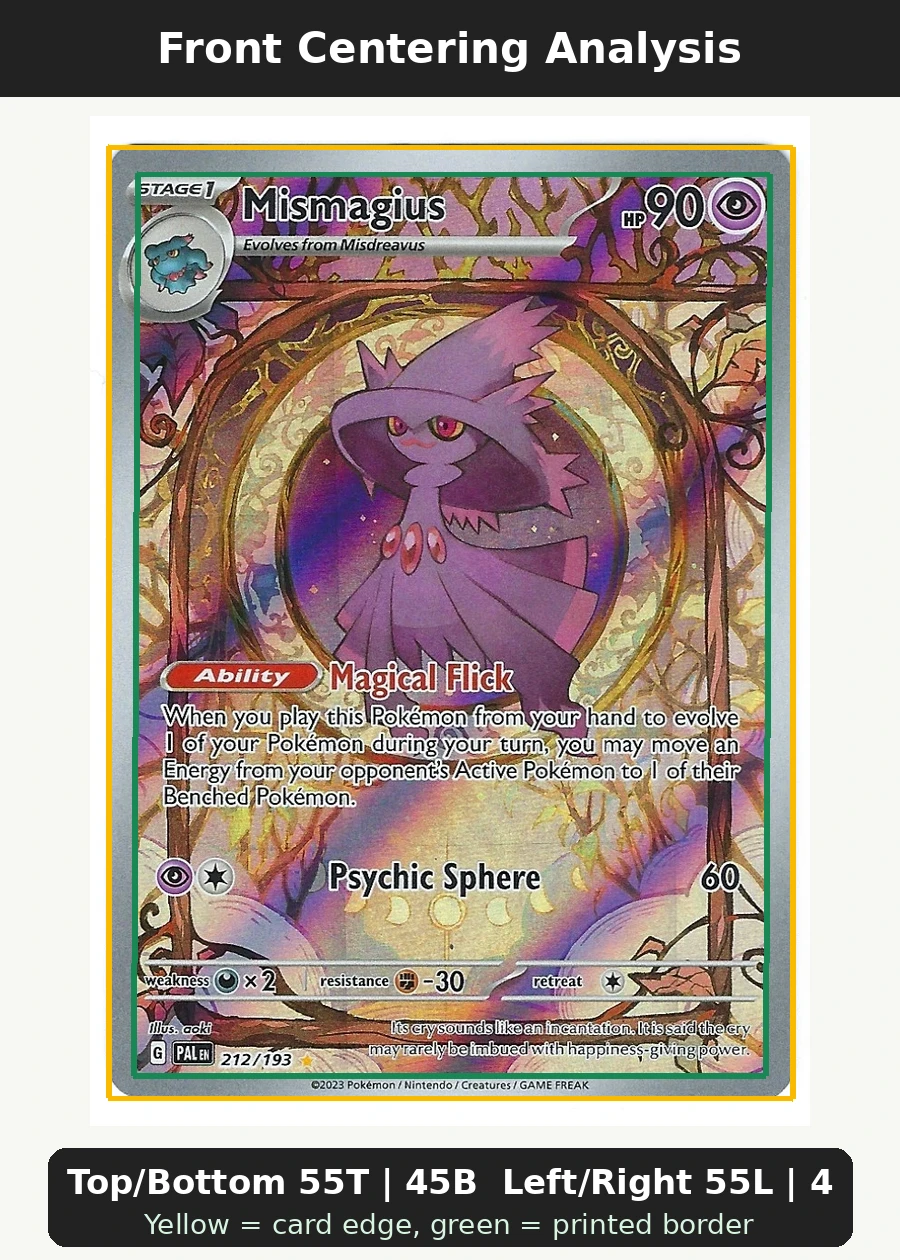 Mismagius 212/193 Paldea Evolved front centering analysis showing Top/Bottom 55T | 45B and Left/Right 55L | 45R.
