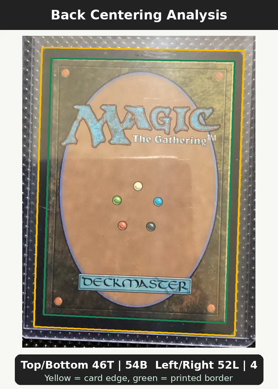 Divine Departure (OP10-019) (Foil) OP10-019 Royal Blood back centering analysis showing Top/Bottom 46T | 54B and Left/Right 52L | 48R.