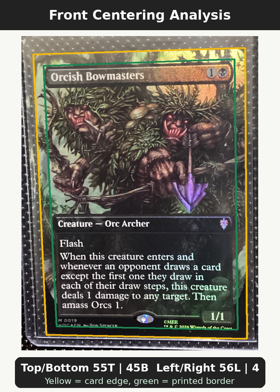 Divine Departure (OP10-019) (Foil) OP10-019 Royal Blood front centering analysis showing Top/Bottom 55T | 45B and Left/Right 56L | 44R.