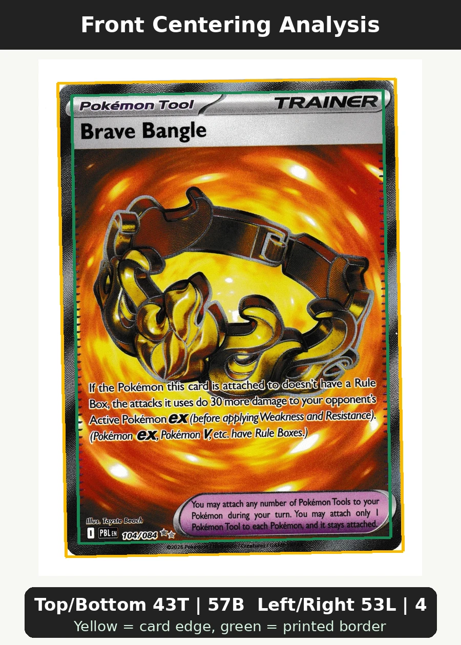 Brave Bangle 104/84 Pitch Black front centering analysis showing Top/Bottom 43T | 57B and Left/Right 53L | 47R.