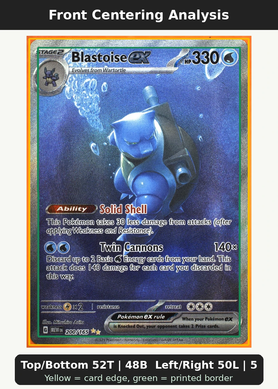 Blastoise ex 200/165 151 front centering analysis showing Top/Bottom 52T | 48B and Left/Right 50L | 50R.