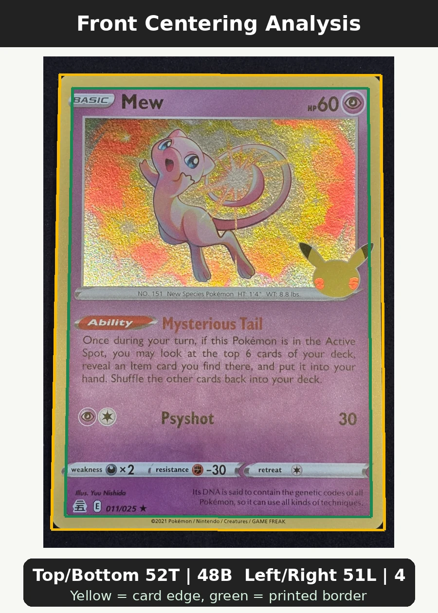 Mew 011/25 Celebrations front centering analysis showing Top/Bottom 52T | 48B and Left/Right 51L | 49R.