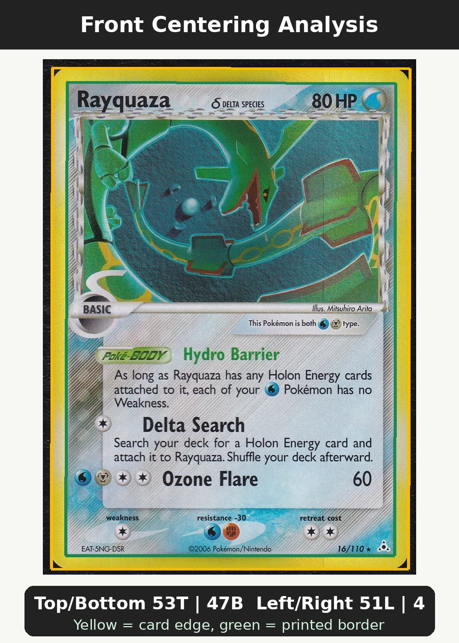 Rayquaza δ 016/110 Holon Phantoms front centering analysis showing Top/Bottom 53T | 47B and Left/Right 51L | 49R.