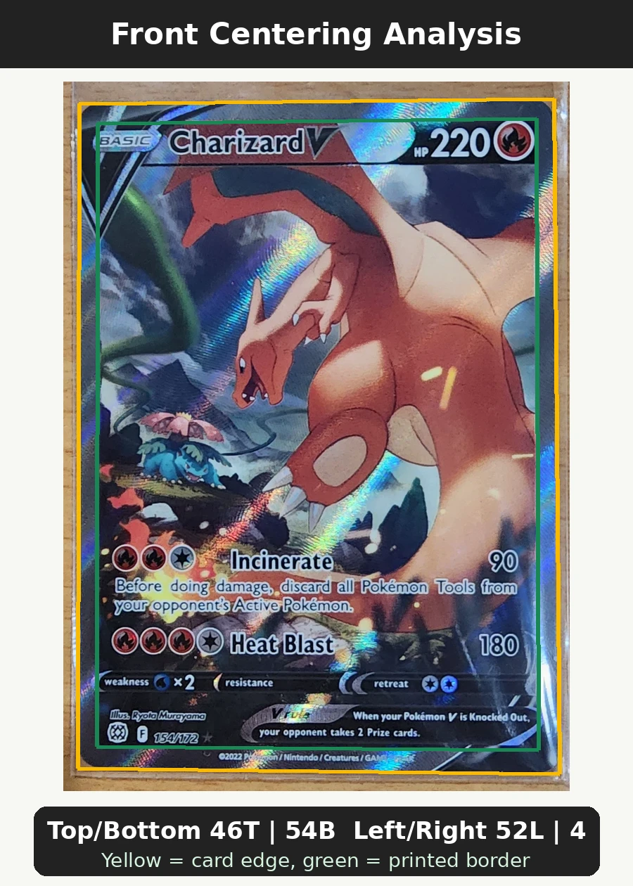 Charizard V 154/172 Brilliant Stars front centering analysis showing Top/Bottom 46T | 54B and Left/Right 52L | 48R.