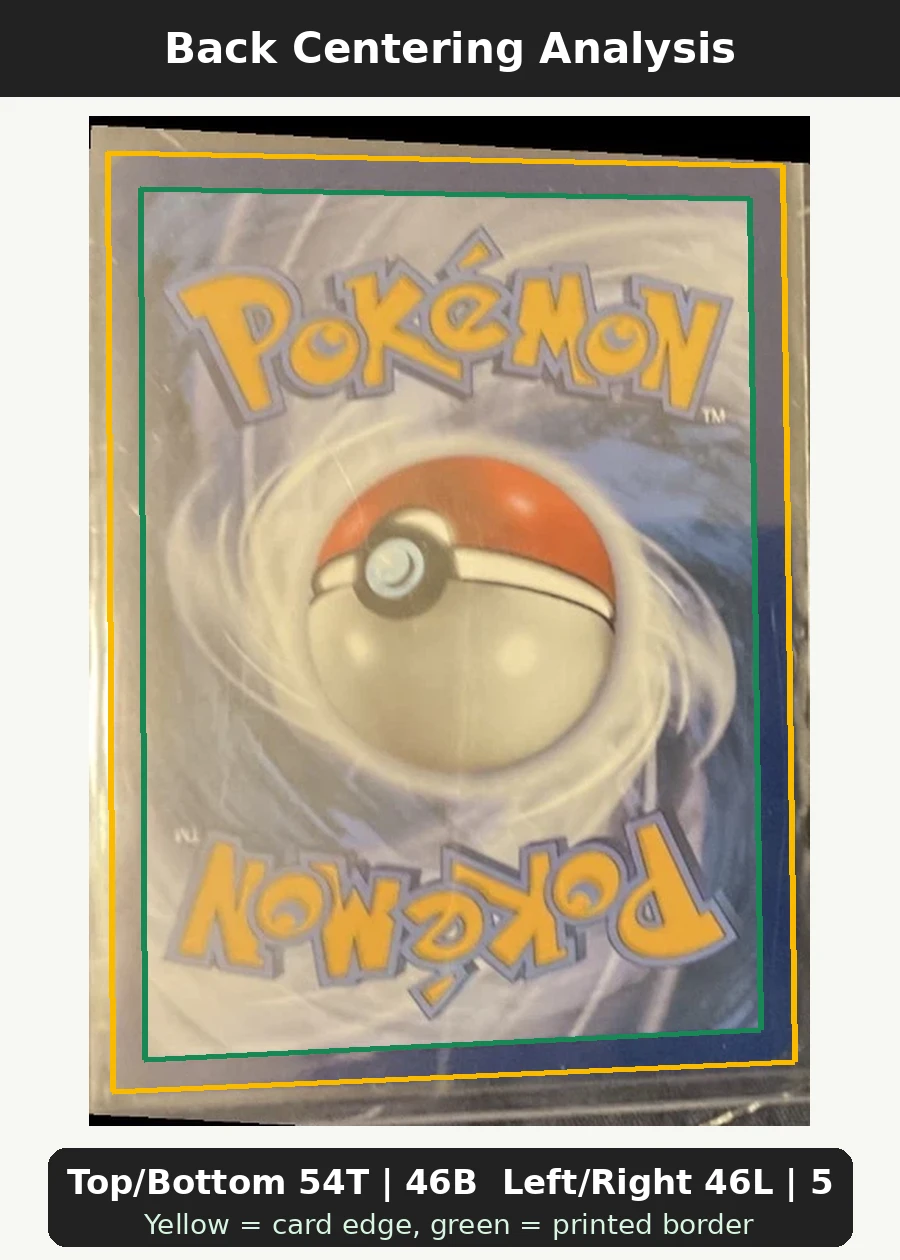 Mew ex 053/225 SVP Black Star Promos back centering analysis showing Top/Bottom 54T | 46B and Left/Right 46L | 54R.