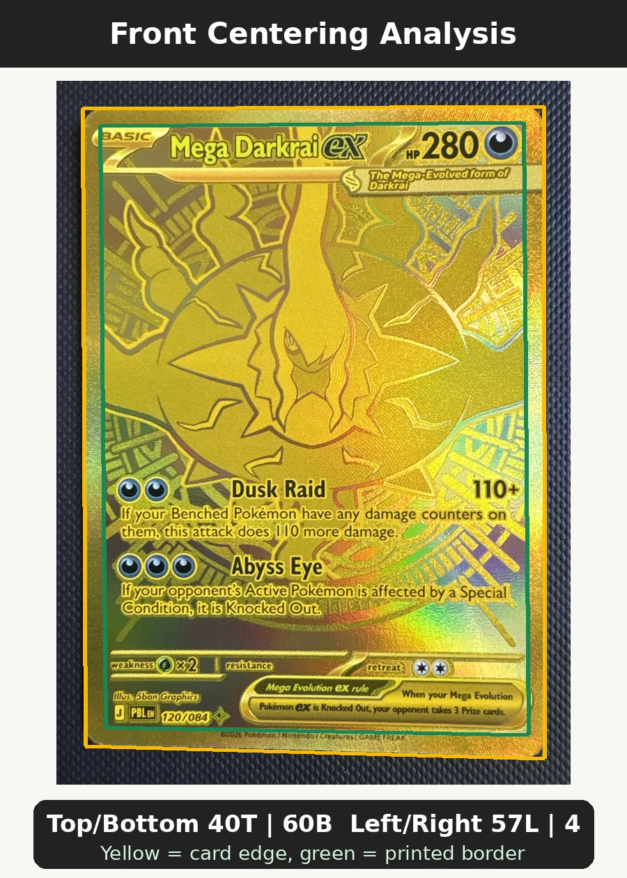 Mega Darkrai ex 120/84 Pitch Black front centering analysis showing Top/Bottom 40T | 60B and Left/Right 57L | 43R.