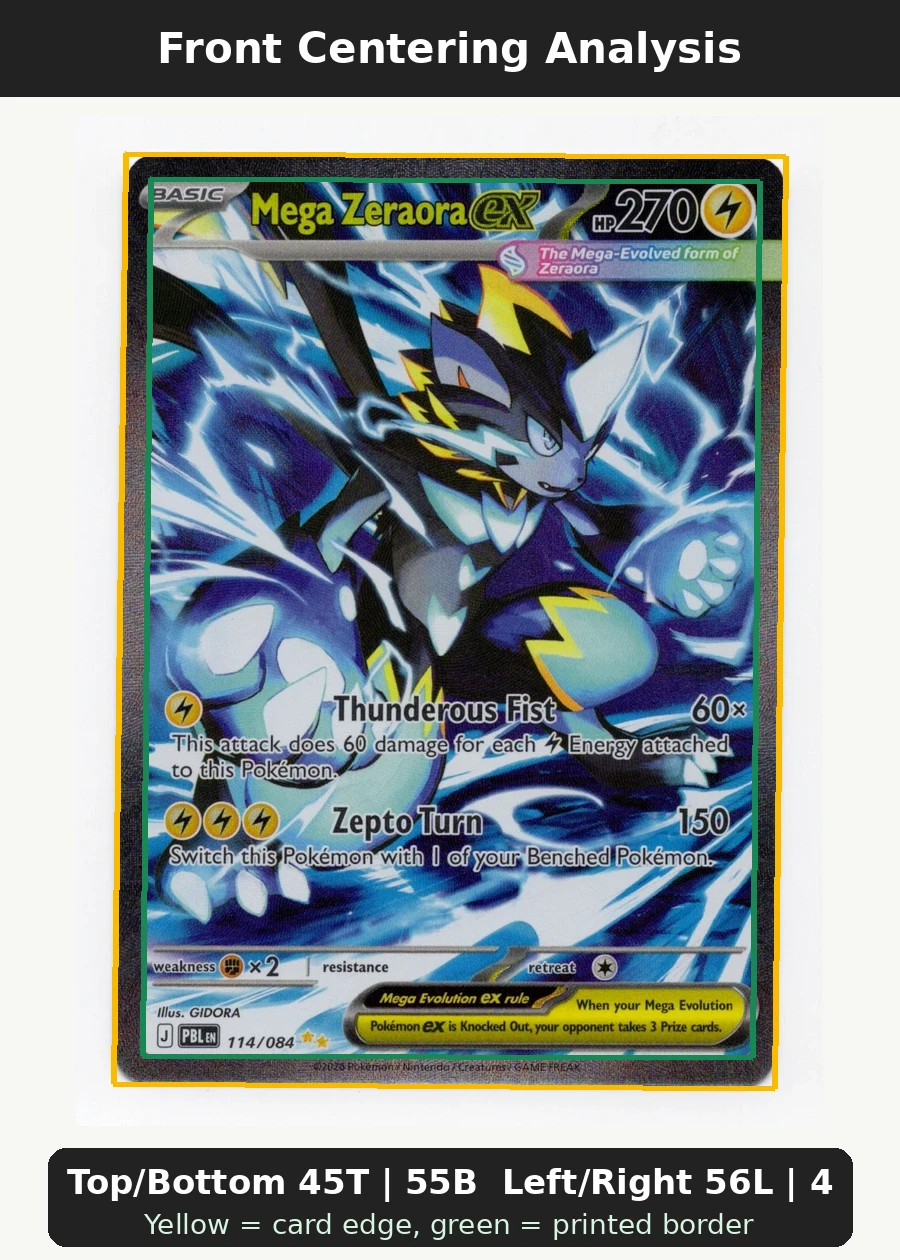 Mega Zeraora ex 114/84 Pitch Black front centering analysis showing Top/Bottom 45T | 55B and Left/Right 56L | 44R.
