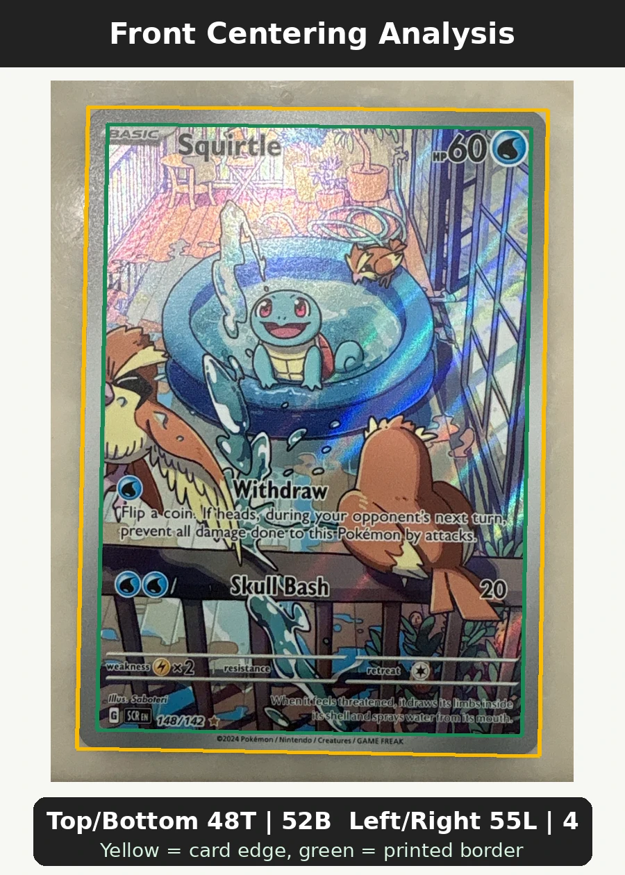 Squirtle 148/142 Stellar Crown front centering analysis showing Top/Bottom 48T | 52B and Left/Right 55L | 45R.