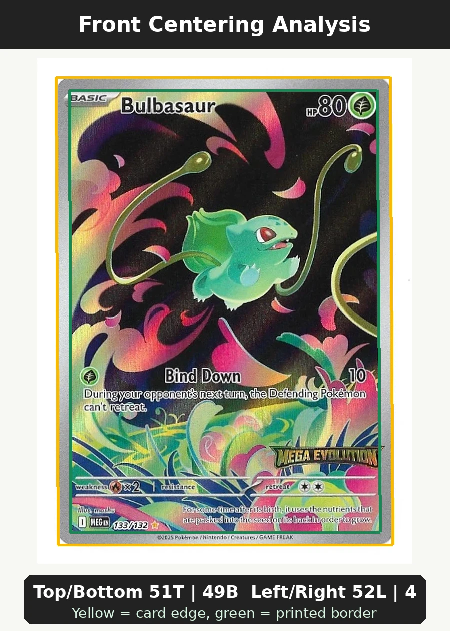 Bulbasaur 133/132 Mega Evolution front centering analysis showing Top/Bottom 51T | 49B and Left/Right 52L | 48R.