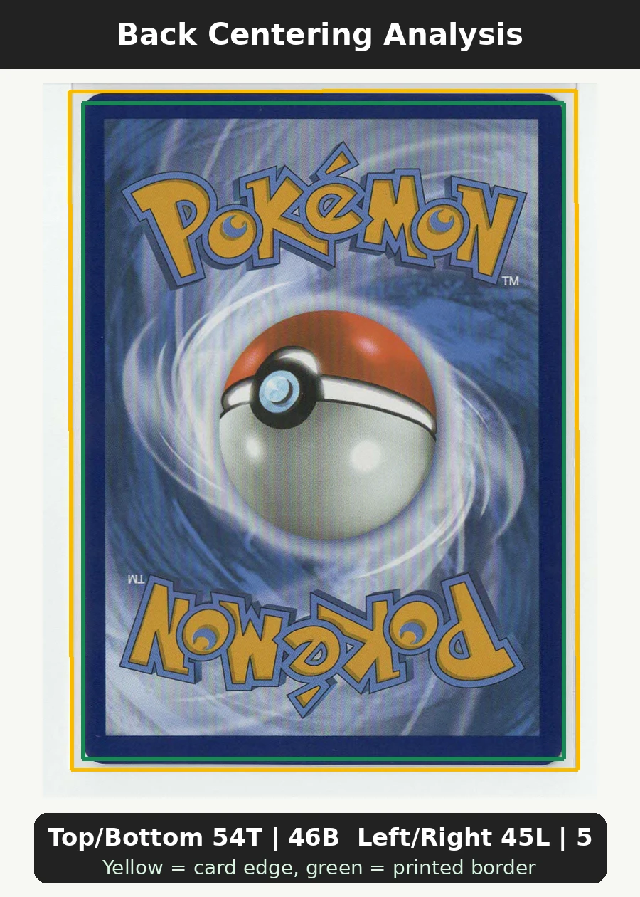 Pikachu ex 238/191 Surging Sparks back centering analysis showing Top/Bottom 54T | 46B and Left/Right 45L | 55R.