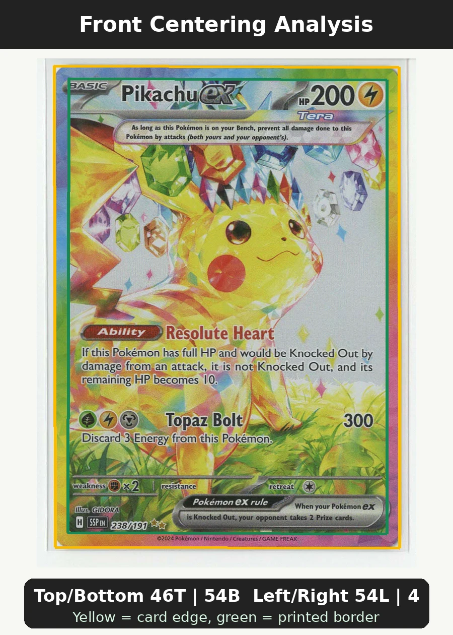 Pikachu ex 238/191 Surging Sparks front centering analysis showing Top/Bottom 46T | 54B and Left/Right 54L | 46R.