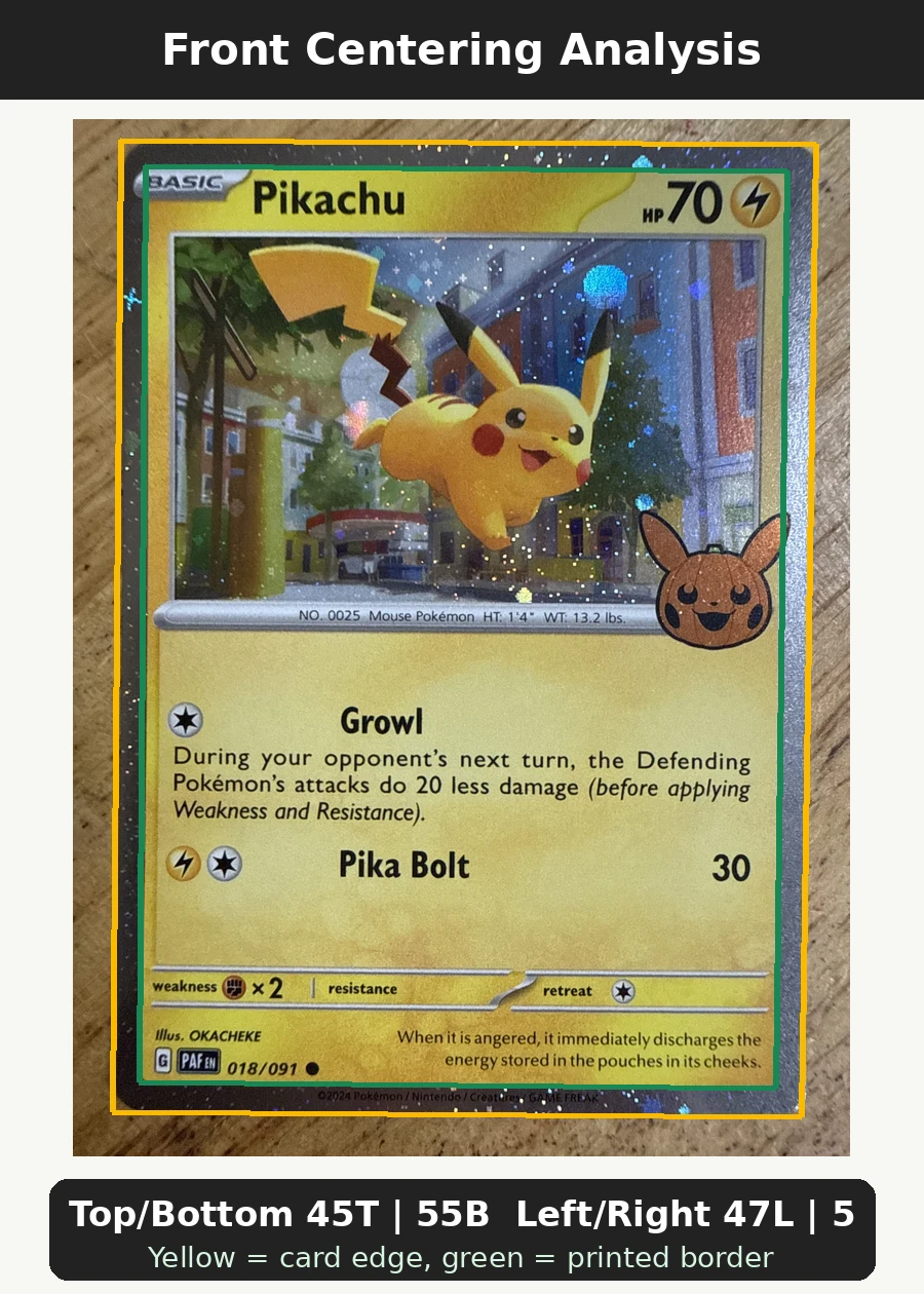 Pikachu 018/91 Paldean Fates front centering analysis showing Top/Bottom 45T | 55B and Left/Right 47L | 53R.