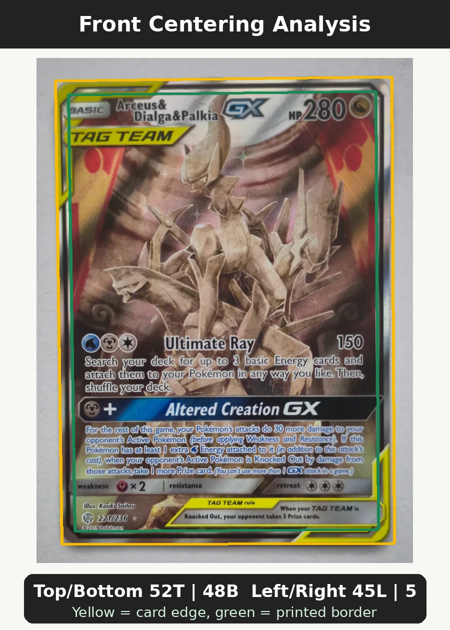 Arceus & Dialga & Palkia GX 221/236 Cosmic Eclipse front centering analysis showing Top/Bottom 52T | 48B and Left/Right 45L | 55R.
