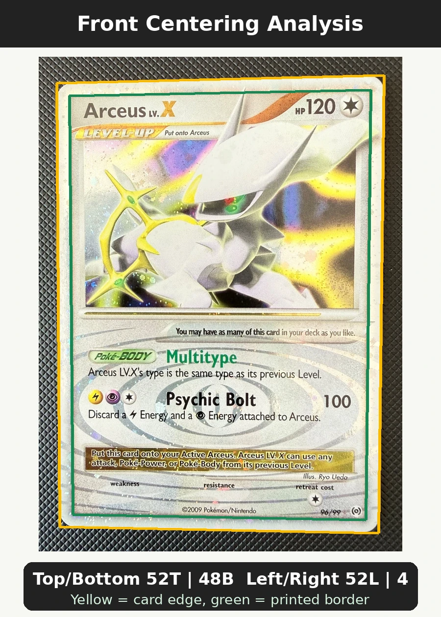 Arceus LV. X 096/99 Arceus front centering analysis showing Top/Bottom 52T | 48B and Left/Right 52L | 48R.