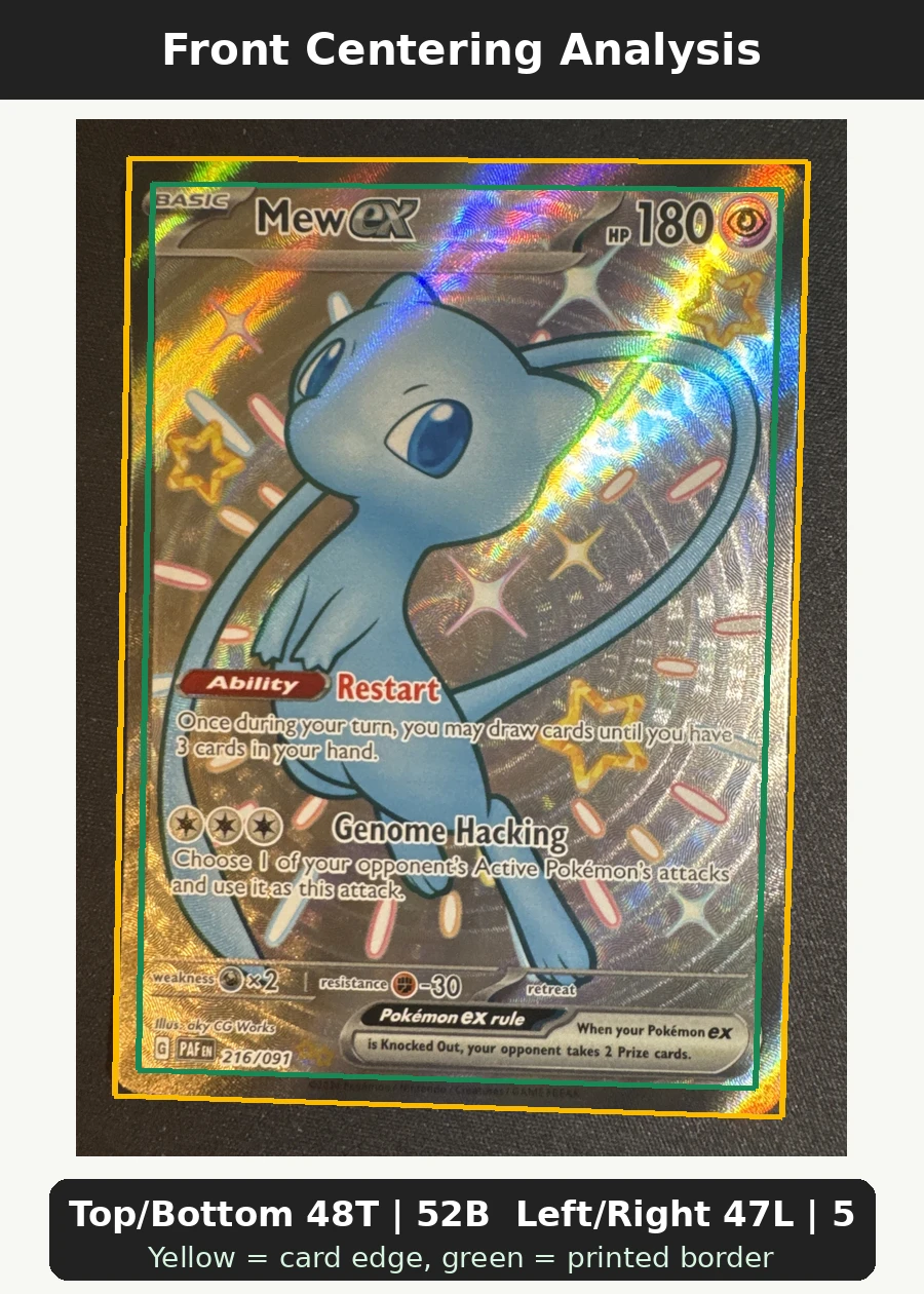 Mew ex 216/91 Paldean Fates front centering analysis showing Top/Bottom 48T | 52B and Left/Right 47L | 53R.