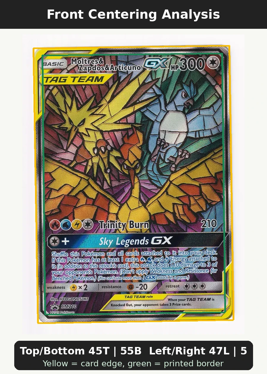 Moltres & Zapdos & Articuno GX SM210/248 SM Black Star Promos front centering analysis showing Top/Bottom 45T | 55B and Left/Right 47L | 53R.