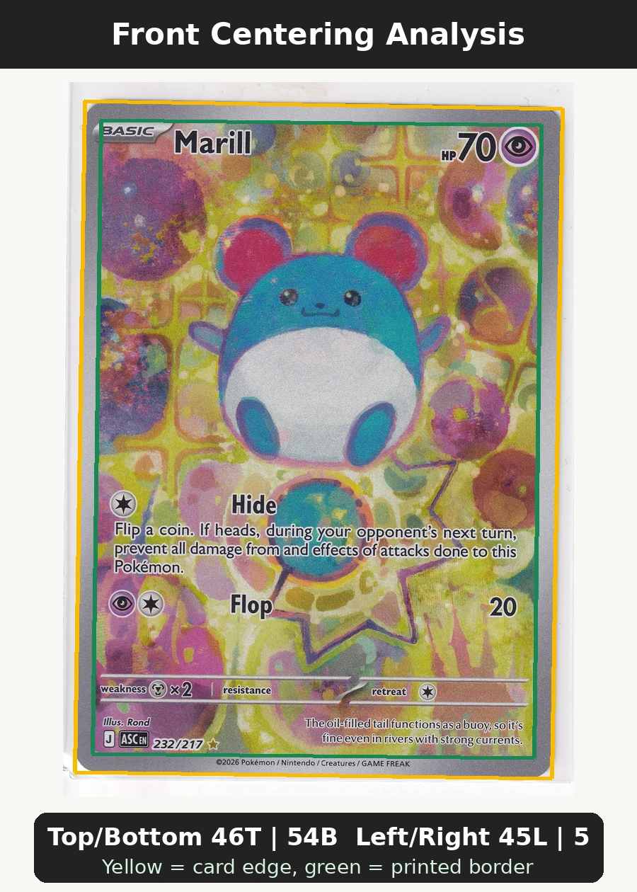 Marill 232/217 Ascended Heroes front centering analysis showing Top/Bottom 46T | 54B and Left/Right 45L | 55R.