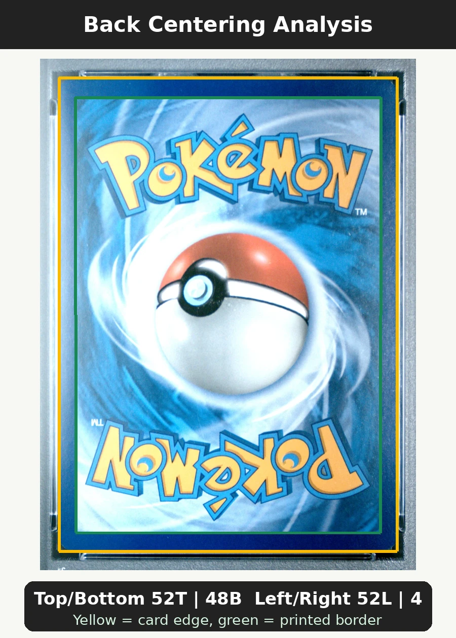 Magikarp & Wailord GX SM166/248 SM Black Star Promos back centering analysis showing Top/Bottom 52T | 48B and Left/Right 52L | 48R.