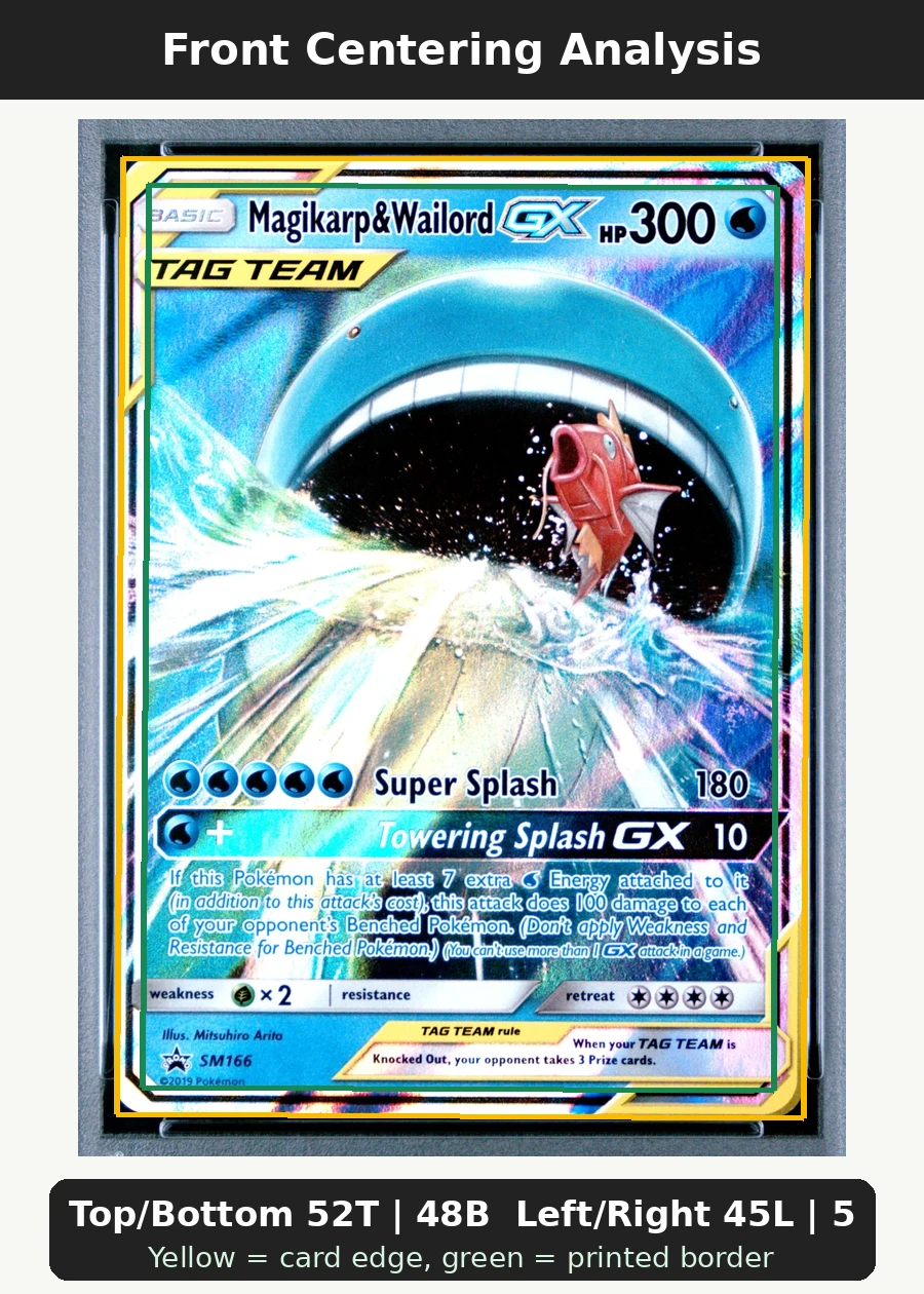 Magikarp & Wailord GX SM166/248 SM Black Star Promos front centering analysis showing Top/Bottom 52T | 48B and Left/Right 45L | 55R.