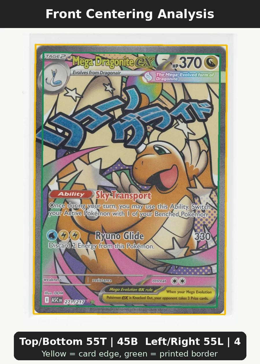 Mega Dragonite ex 271/217 Ascended Heroes front centering analysis showing Top/Bottom 55T | 45B and Left/Right 55L | 45R.