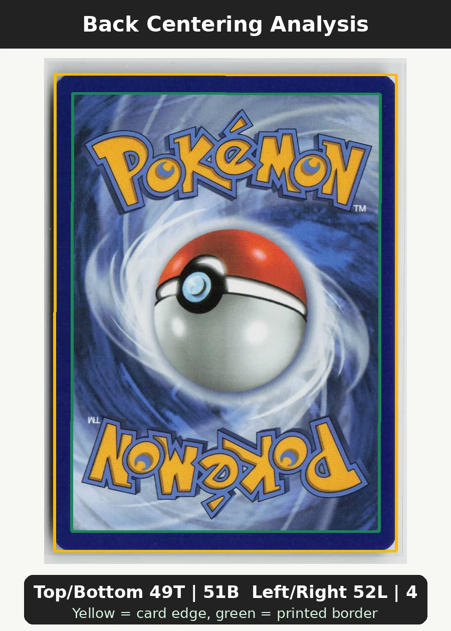 Psyduck 039/217 · Normal Ascended Heroes back centering analysis showing Top/Bottom 49T | 51B and Left/Right 52L | 48R.
