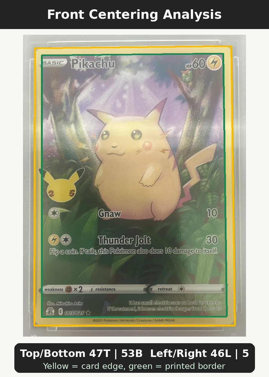 Pikachu 005/25 Celebrations front centering analysis showing Top/Bottom 47T | 53B and Left/Right 46L | 54R.