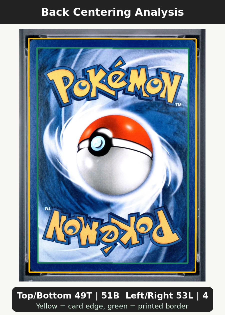Shining Gyarados 065/64 Neo Revelation back centering analysis showing Top/Bottom 49T | 51B and Left/Right 53L | 47R.